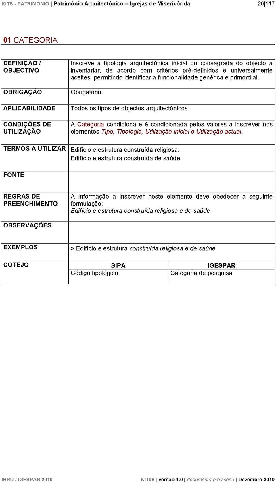 A Categoria condiciona e é condicionada pelos valores a inscrever nos elementos Tipo, Tipologia, Utilização inicial e Utilização actual. TERMOS A UTILIZAR Edifício e estrutura construída religiosa.