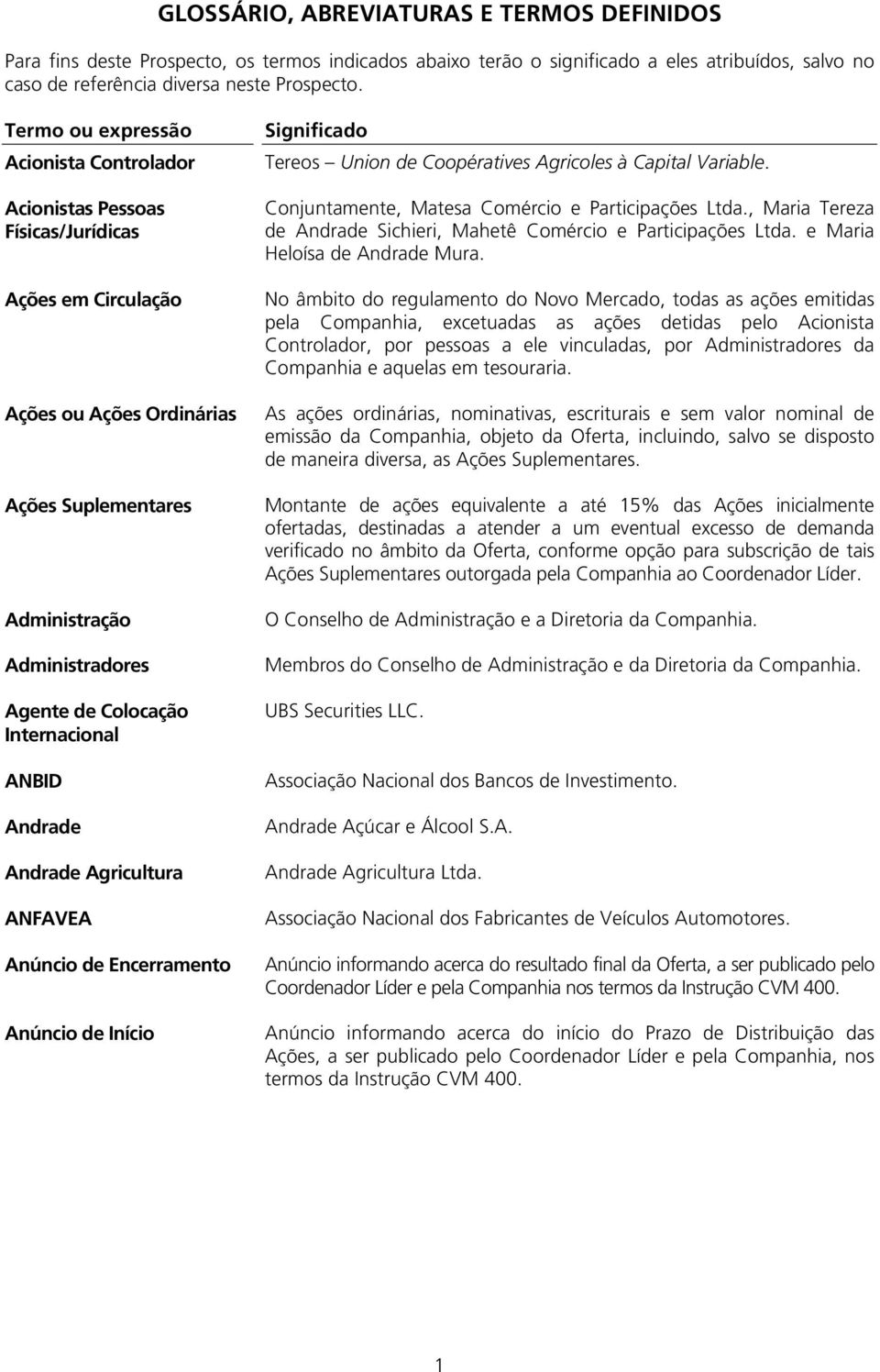 Internacional ANBID Andrade Andrade Agricultura ANFAVEA Anúncio de Encerramento Anúncio de Início Significado Tereos Union de Coopératives Agricoles à Capital Variable.