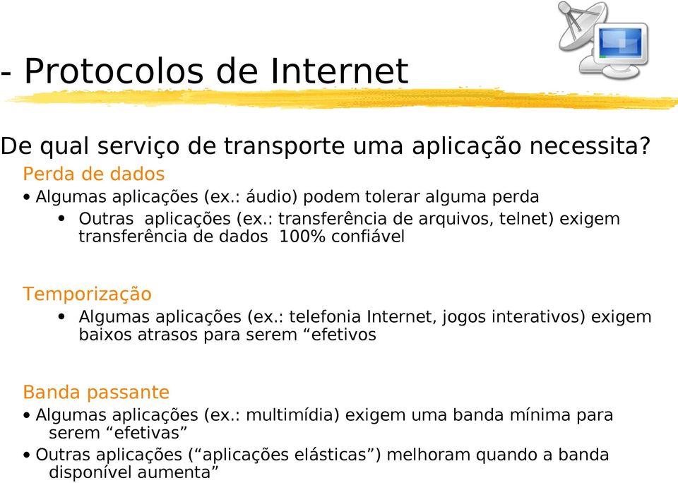 : transferência de arquivos, telnet) exigem transferência de dados 100% confiável Temporização Algumas aplicações (ex.