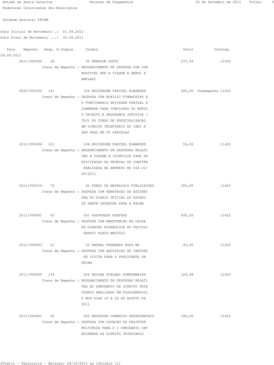 Subempenho 11422 Itens de Empenho : DESPESA COM AUXILIO FINANCEIRO A O FUNCIONARIO ERICKSEN PRATZEL E LLWANGER PARA CONCLUSAO DO MODUL O TRIBUTO E SEGURANCA JURIDICA ( TSJ) DO CURSO DE ESPECIALIZACAO