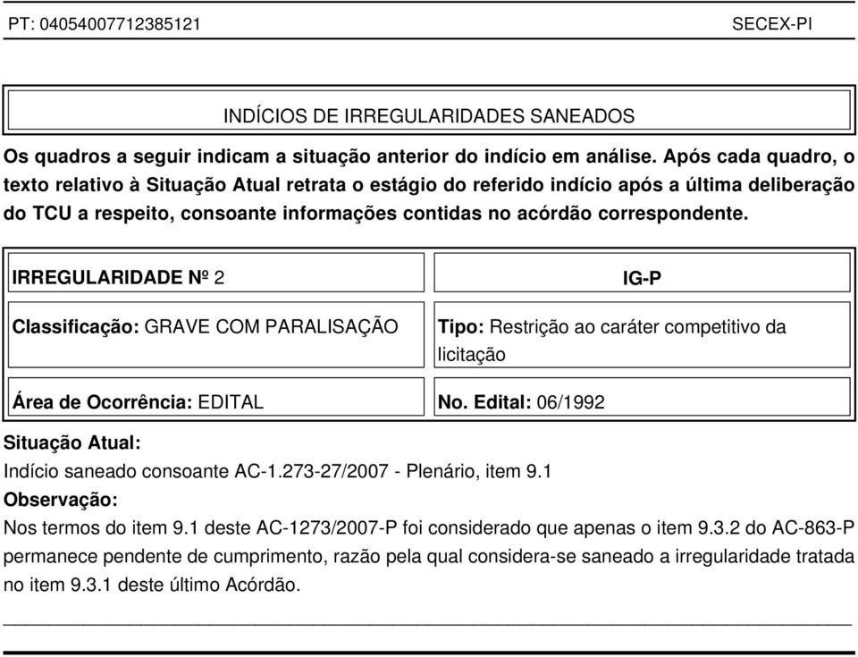 IRREGULARIDADE Nº 2 Classificação: GRAVE COM PARALISAÇÃO IG-P Tipo: Restrição ao caráter competitivo da licitação Área de Ocorrência: EDITAL No.