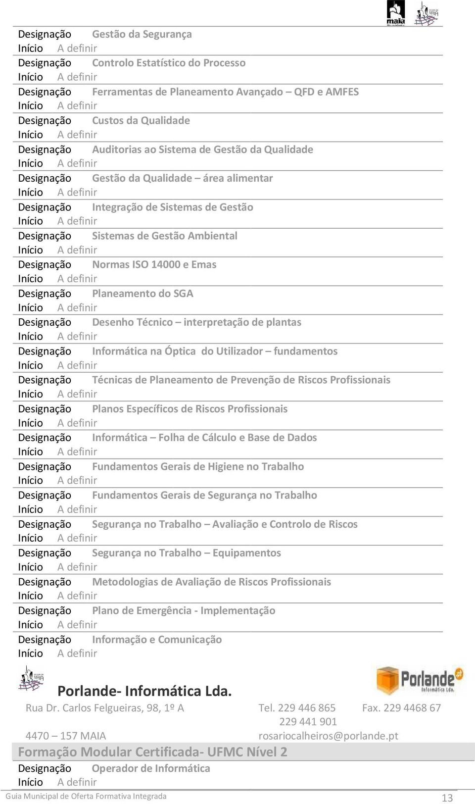 Planeamento do SGA Designação Desenho Técnico interpretação de plantas Designação Informática na Óptica do Utilizador fundamentos Designação Técnicas de Planeamento de Prevenção de Riscos