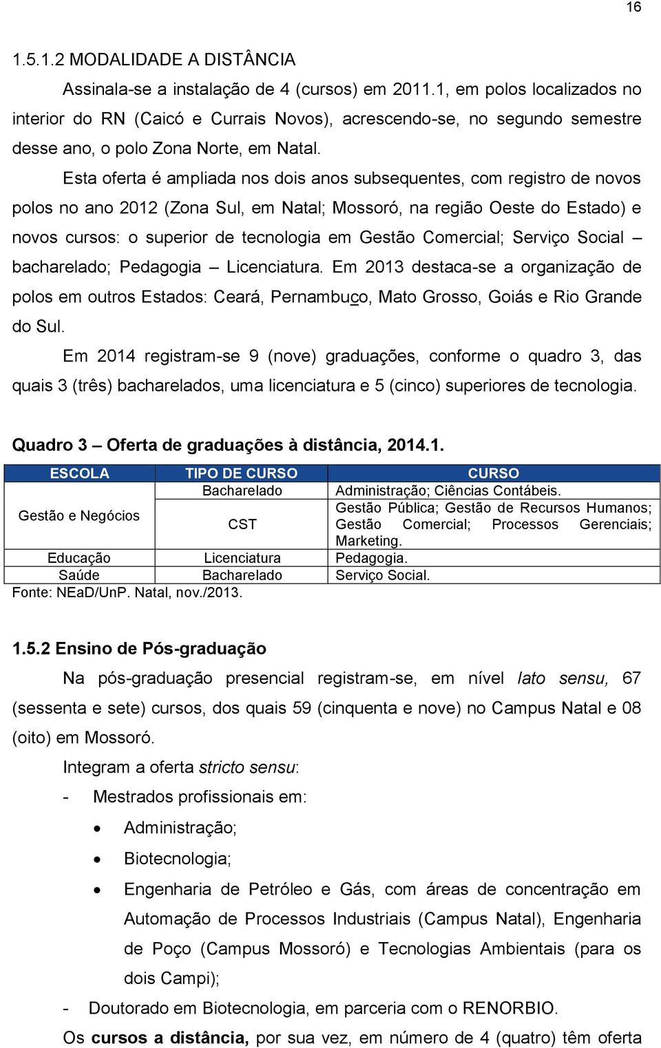 Esta oferta é ampliada nos dois anos subsequentes, com registro de novos polos no ano 2012 (Zona Sul, em Natal; Mossoró, na região Oeste do Estado) e novos cursos: o superior de tecnologia em Gestão