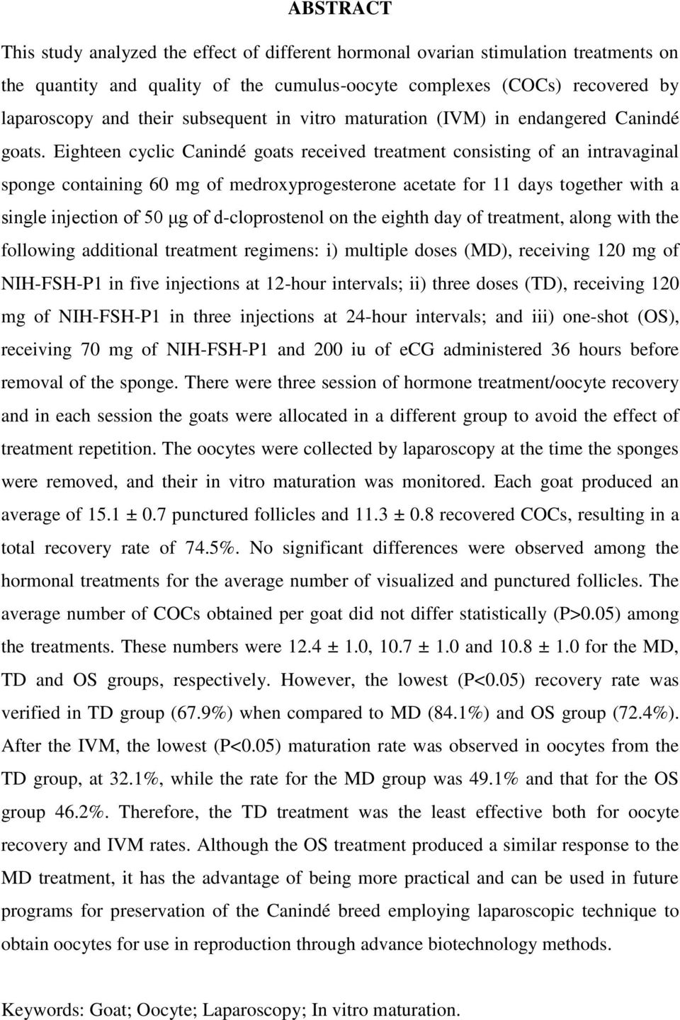 Eighteen cyclic Canindé goats received treatment consisting of an intravaginal sponge containing 60 mg of medroxyprogesterone acetate for 11 days together with a single injection of 50 μg of