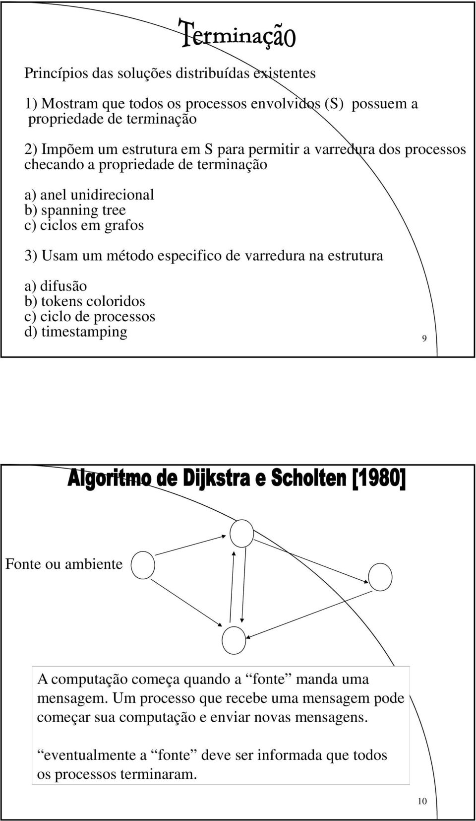 varredura na estrutura a) difusão b) tokens coloridos c) ciclo de processos d) timestamping 9 Fonte ou ambiente A computação começa quando a fonte manda uma mensagem.