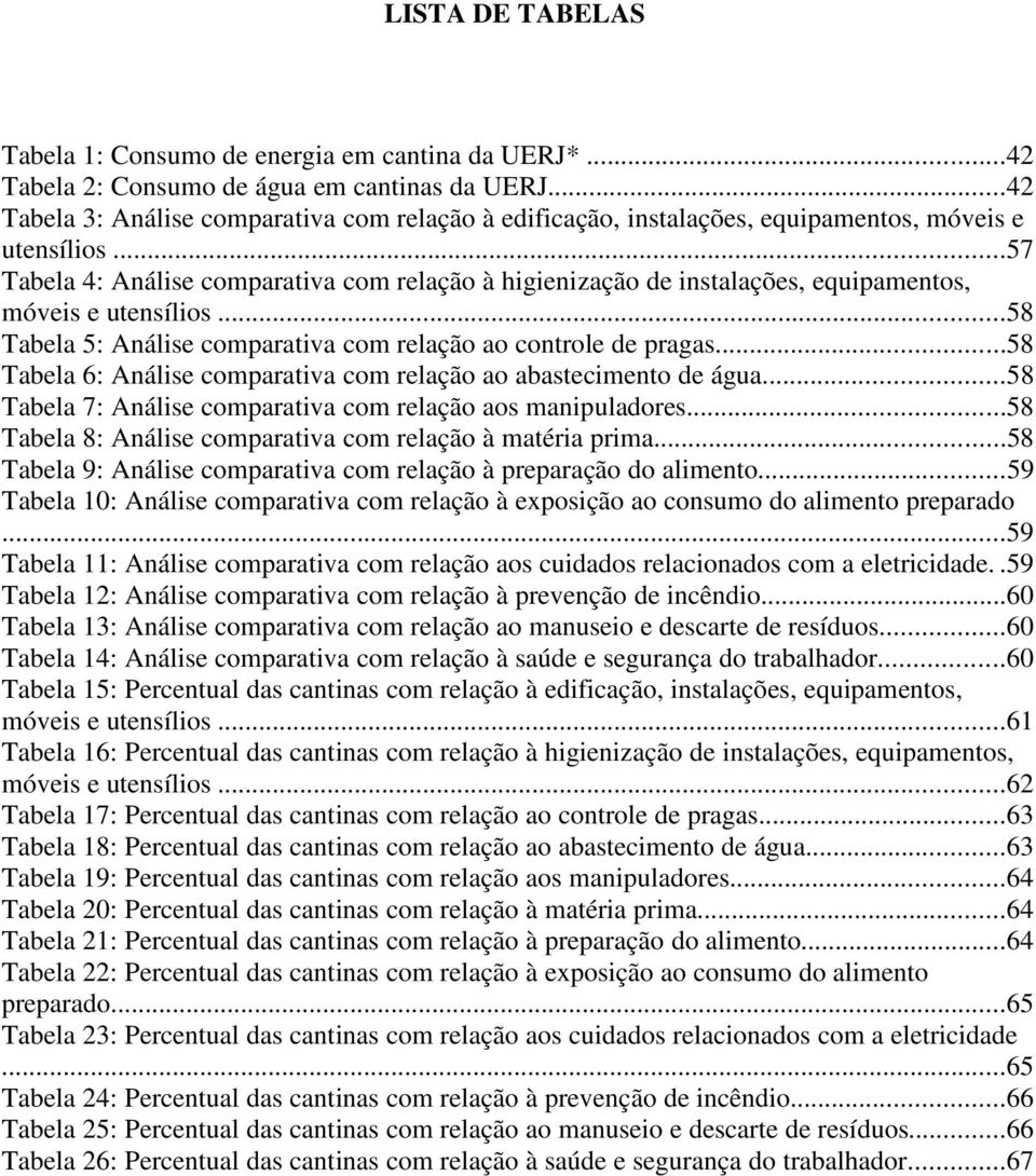 ..57 Tabela 4: Análise comparativa com relação à higienização de instalações, equipamentos, móveis e utensílios...58 Tabela 5: Análise comparativa com relação ao controle de pragas.