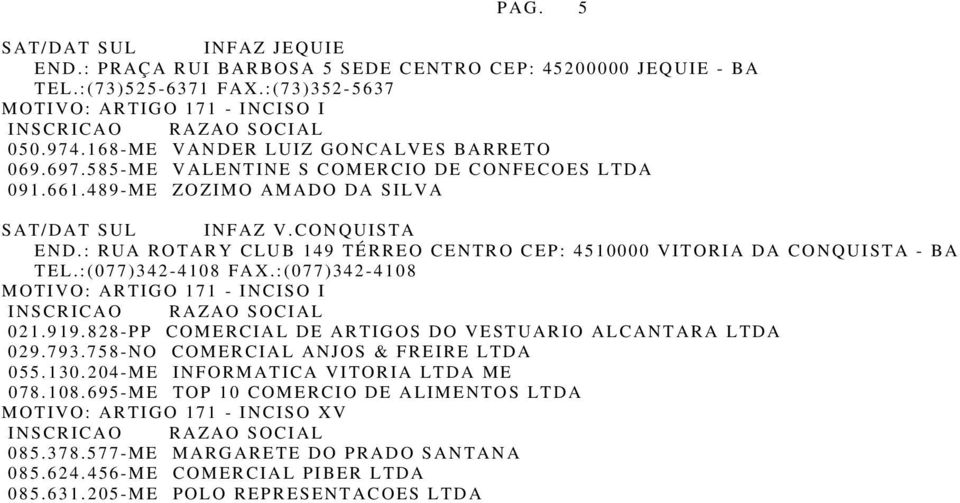 : RUA ROTARY CLUB 149 TÉRREO CENTRO CEP: 4510000 VITORIA DA CONQUISTA - BA TEL.:(077)342-4108 FAX.:(077)342-4108 021.919.828-PP COMERCIAL DE ARTIGOS DO VESTUARIO ALCANTARA LTDA 029.