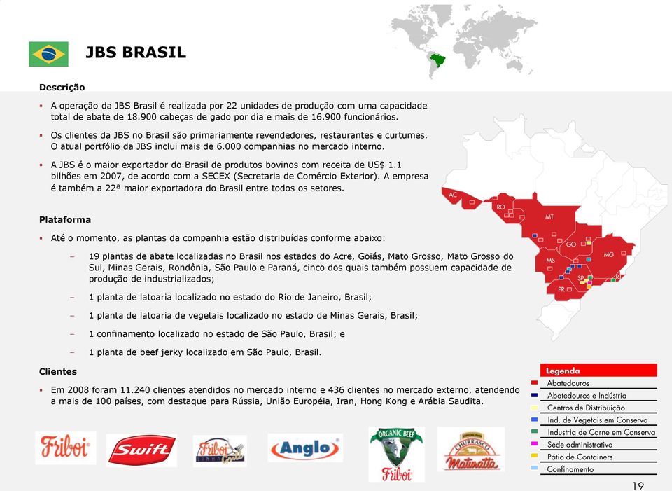 A JBS é o maior exportador do Brasil de produtos bovinos com receita de US$ 1.1 bilhões em 2007, de acordo com a SECEX (Secretaria de Comércio Exterior).