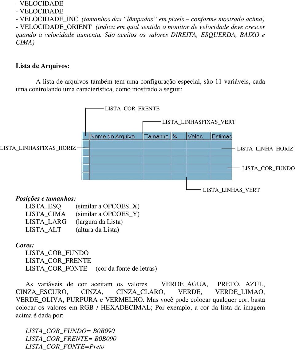 São aceitos os valores DIREITA, ESQUERDA, BAIXO e CIMA) Lista de Arquivos: A lista de arquivos também tem uma configuração especial, são 11 variáveis, cada uma controlando uma característica, como