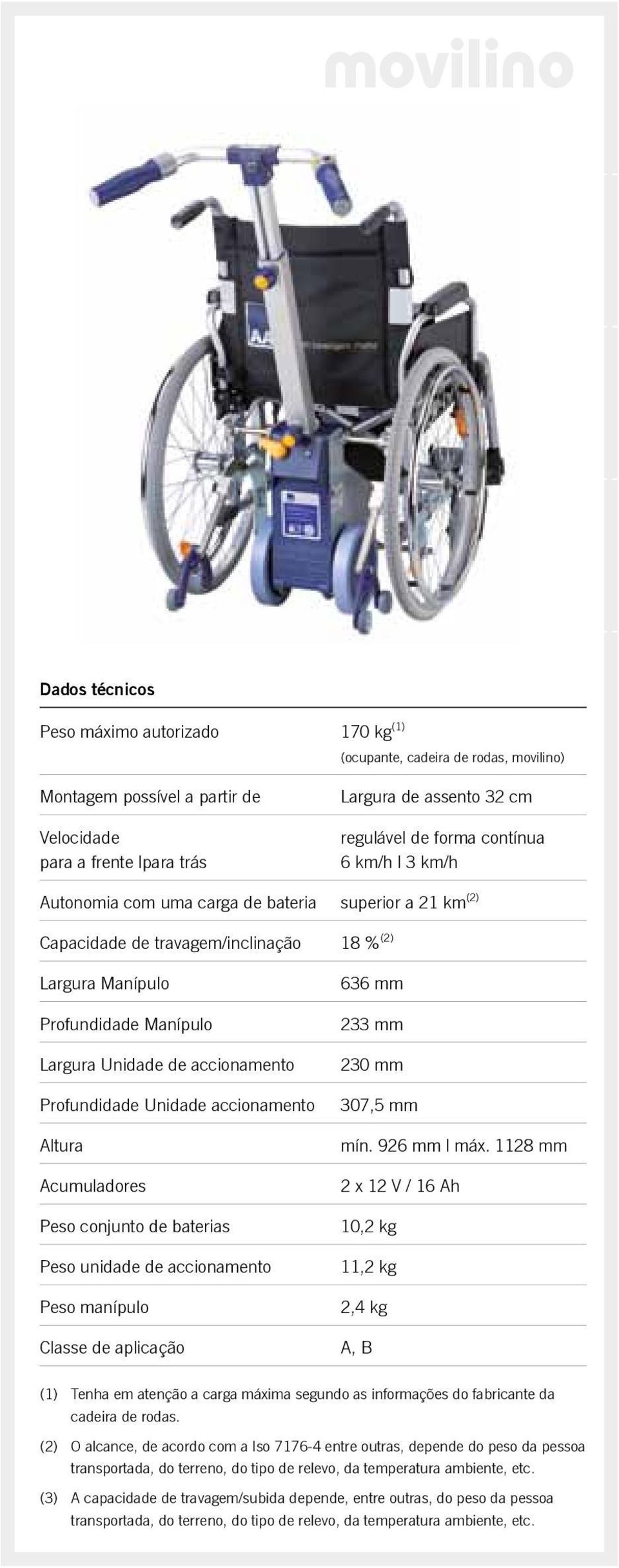 Profundidade Unidade accionamento Altura Acumuladores Peso conjunto de baterias Peso unidade de accionamento Peso manípulo Classe de aplicação 636 mm 233 mm 230 mm 307,5 mm mín. 926 mm máx.