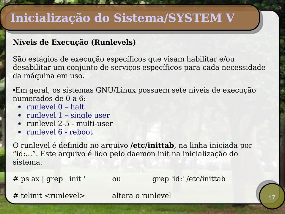 Em geral, os sistemas GNU/Linux possuem sete níveis de execução numerados de 0 a 6: runlevel 0 halt runlevel 1 single user runlevel 2-5 - multi-user