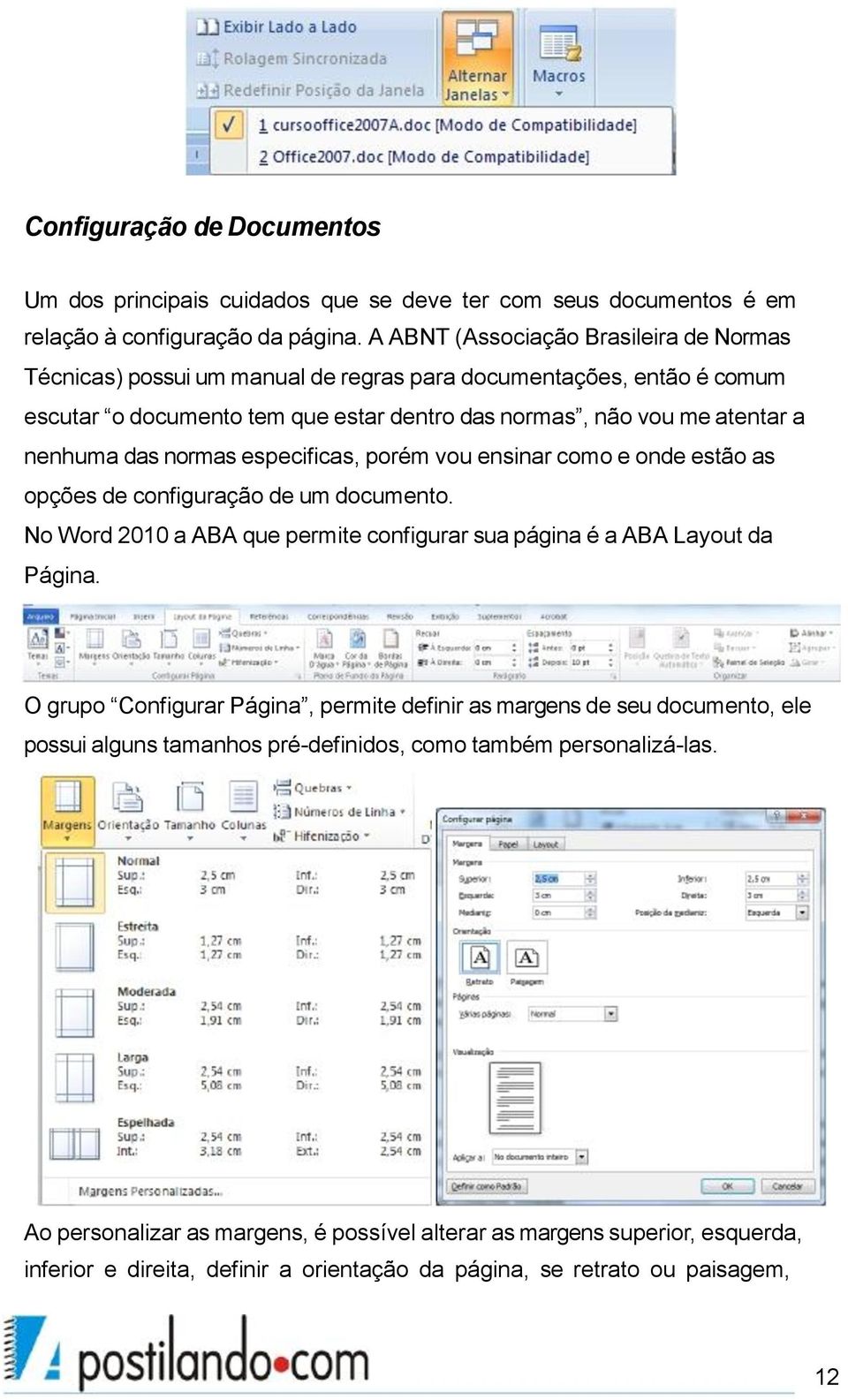 normas especificas, porém vou ensinar como e onde estão as opções de configuração de um documento. No Word 2010 a ABA que permite configurar sua página é a ABA Layout da Página.
