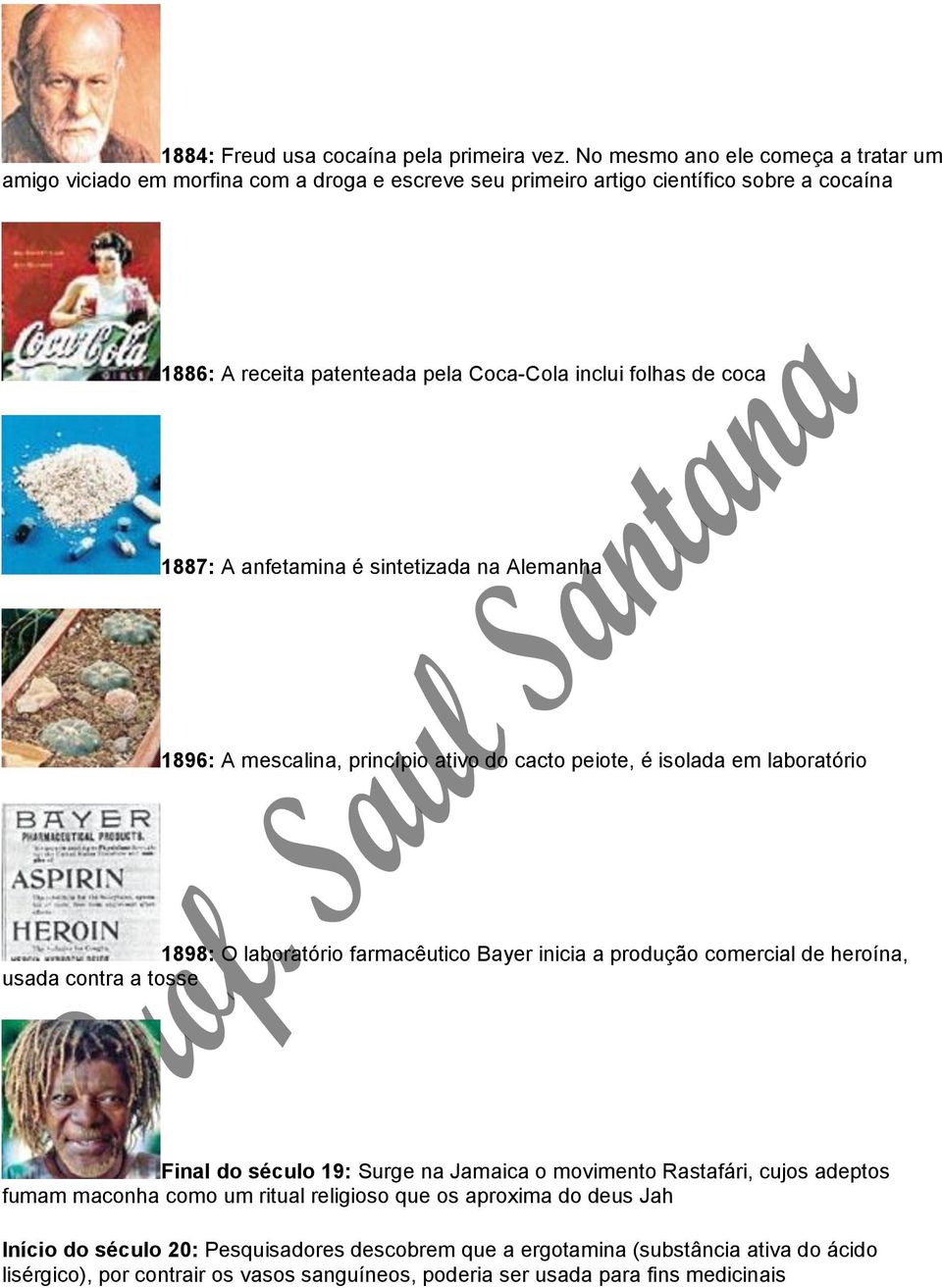 1887: A anfetamina é sintetizada na Alemanha 1896: A mescalina, princípio ativo do cacto peiote, é isolada em laboratório 1898: O laboratório farmacêutico Bayer inicia a produção comercial de