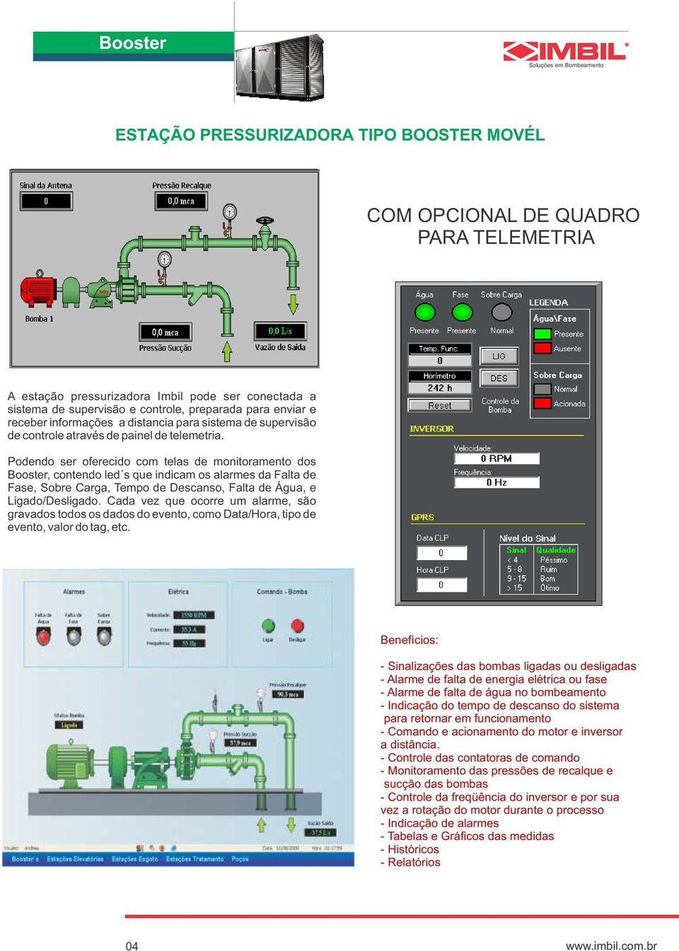 Podendo ser oferecido com telas de monitoramento dos Booster, contendo led s que indicam os alarmes da Falta de Fase, Sobre Carga, Tempo de Descanso, Falta de Água, e Ligado/Desligado.