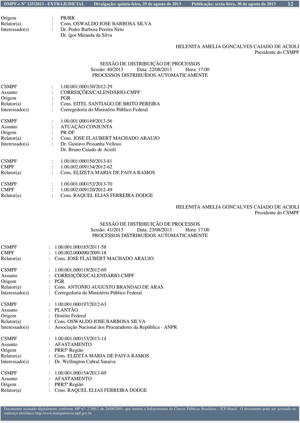 000130/2012-29 : CORREIÇÕES/CALENDÁRIO-CMPF : PGR : Cons. EITEL SANTIAGO DE BRITO PEREIRA Interessado(s) : Corregedoria do Ministério Público Federal CSMPF : 1.00.001.000149/2013-56 : ATUAÇÃO CONJUNTA : PR-DF : Cons.