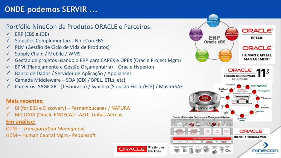 / WMS Gestão de projetos usando o ERP para CAPEX e OPEX (Oracle Project Mgm) EPM (Planejamento e Gestão Orçamentária) Oracle Hyperion Banco de Dados / Servidor de