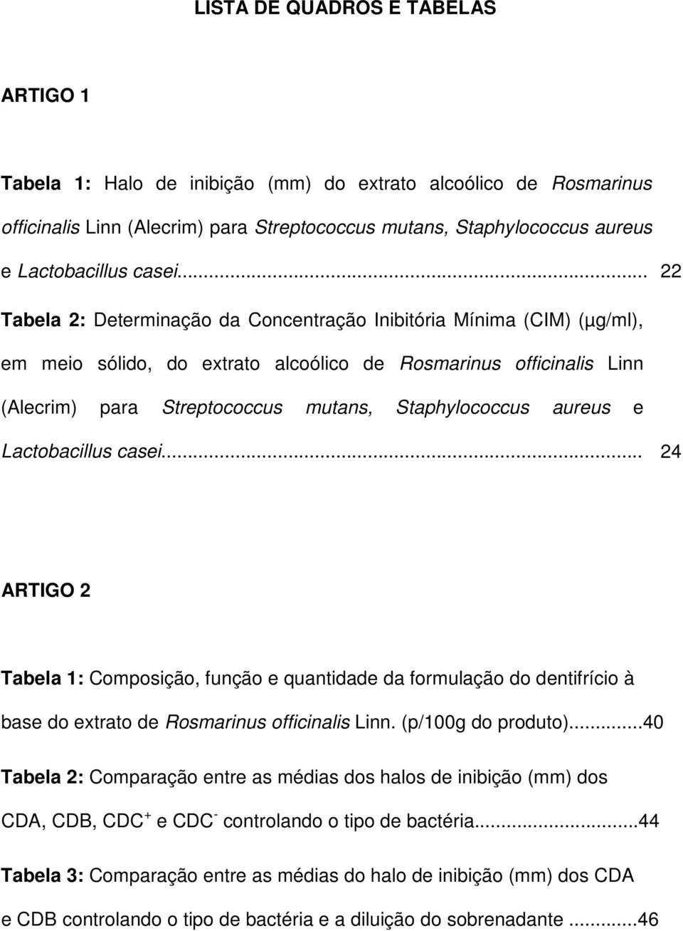 .. 22 Tabela 2: Determinação da Concentração Inibitória Mínima (CIM) (µg/ml), em meio sólido, do extrato alcoólico de Rosmarinus officinalis Linn (Alecrim) para Streptococcus mutans, Staphylococcus