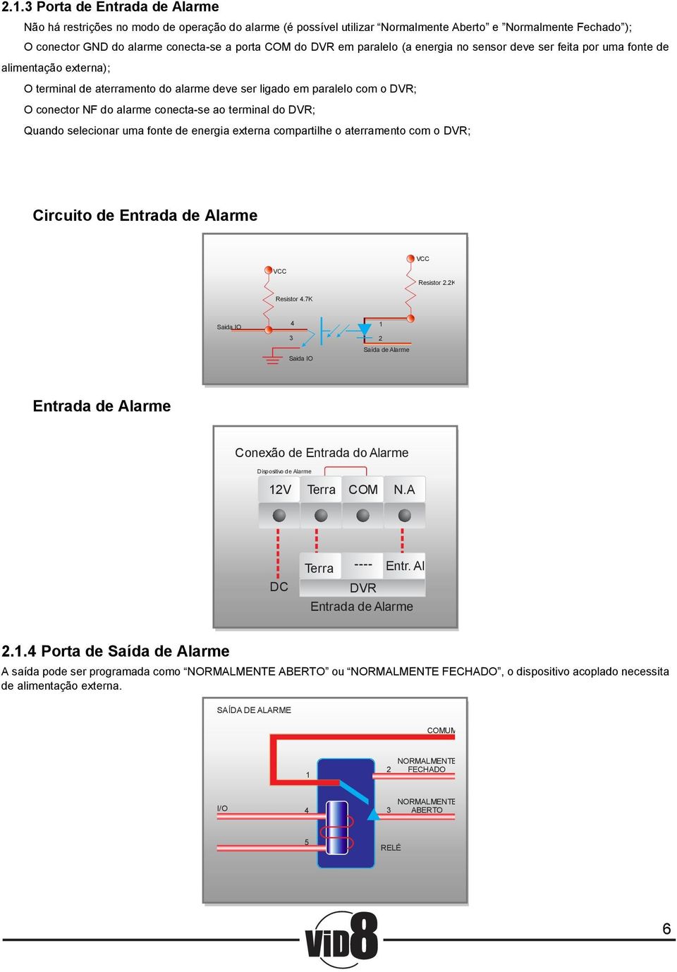 conecta-se ao terminal do DVR; Quando selecionar uma fonte de energia externa compartilhe o aterramento com o DVR; Circuito de Entrada de Alarme VCC VCC Resistor 2.2K Resistor 4.