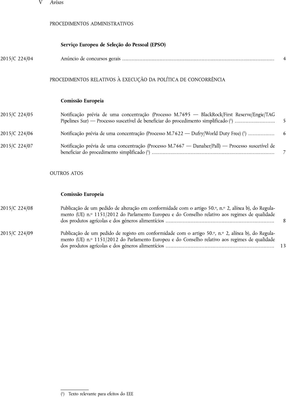 7695 BlackRock/First Reserve/Engie/TAG Pipelines Sur) Processo suscetível de beneficiar do procedimento simplificado ( 1 )... 5 2015/C 224/06 Notificação prévia de uma concentração (Processo M.