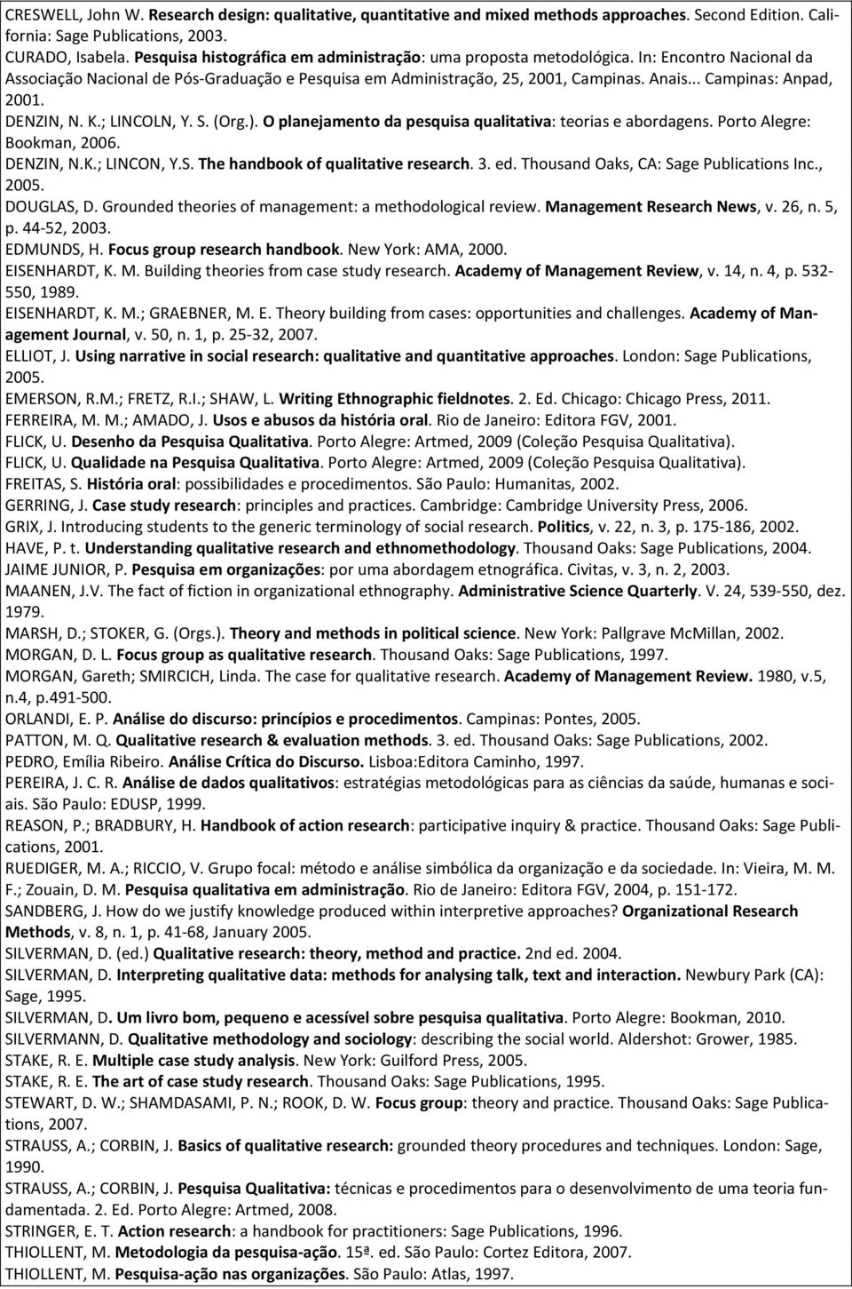 .. Campinas: Anpad, 2001. DENZIN, N. K.; LINCOLN, Y. S. (Org.). O planejamento da pesquisa qualitativa: teorias e abordagens. Porto Alegre: Bookman, 2006. DENZIN, N.K.; LINCON, Y.S. The handbook of qualitative research.