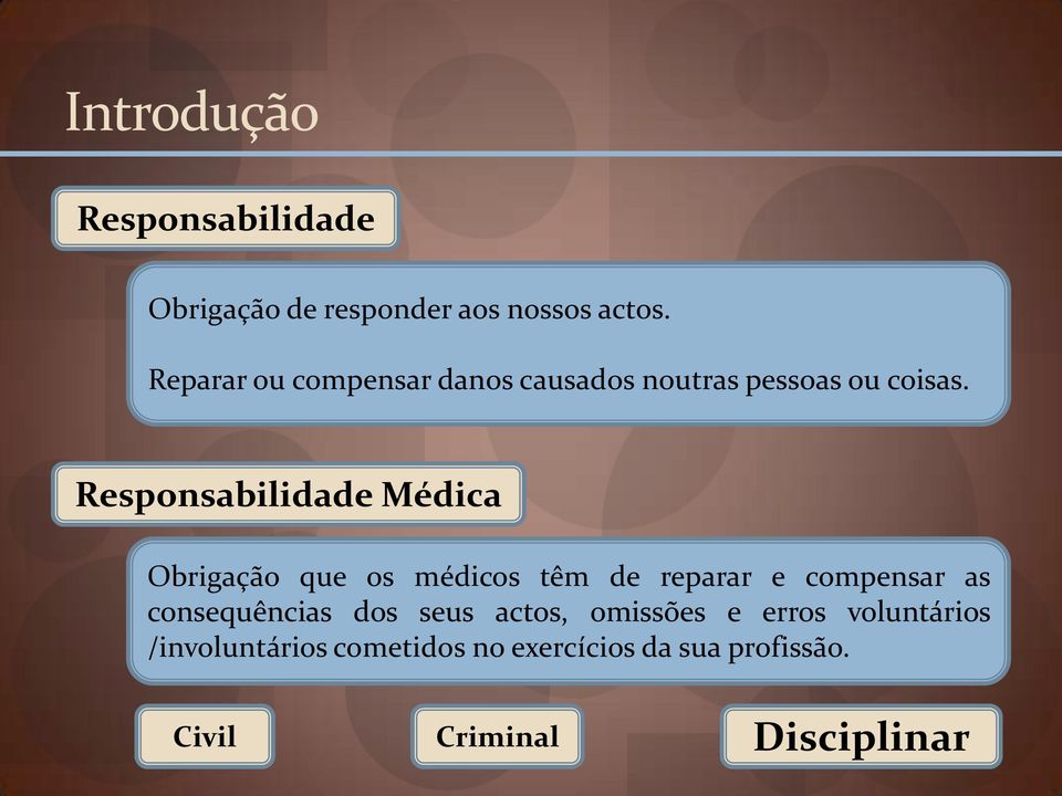 Responsabilidade Médica Obrigação que os médicos têm de reparar e compensar as