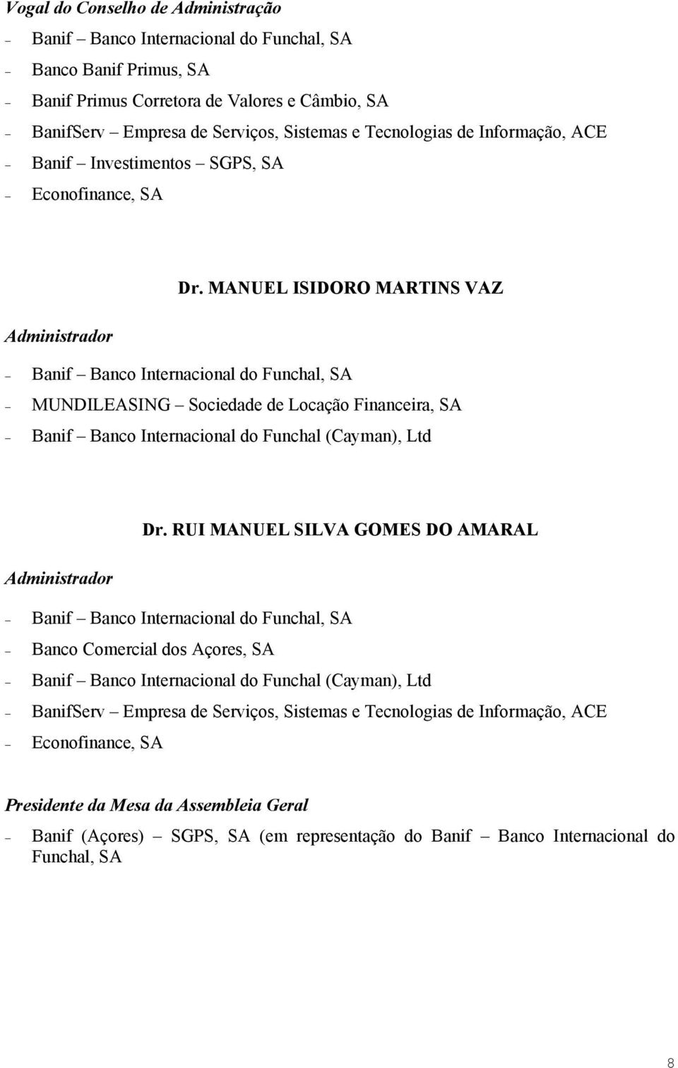 MANUEL ISIDORO MARTINS VAZ MUNDILEASING Sociedade de Locação Financeira, SA Banif Banco Internacional do Funchal (Cayman), Ltd Dr.