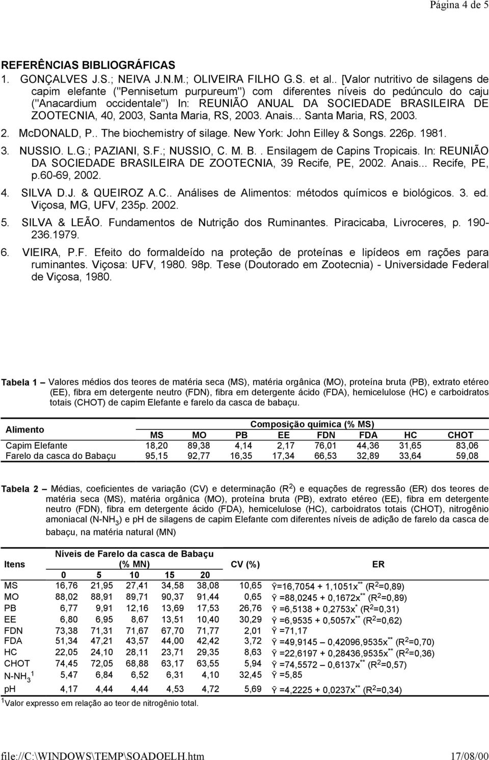 40, 2003, Santa Maria, RS, 2003. Anais... Santa Maria, RS, 2003. 2. McDONALD, P.. The biochemistry of silage. New York: John Eilley & Songs. 226p. 1981. 3. NUSSIO. L.G.; PAZIANI, S.F.; NUSSIO, C. M. B.