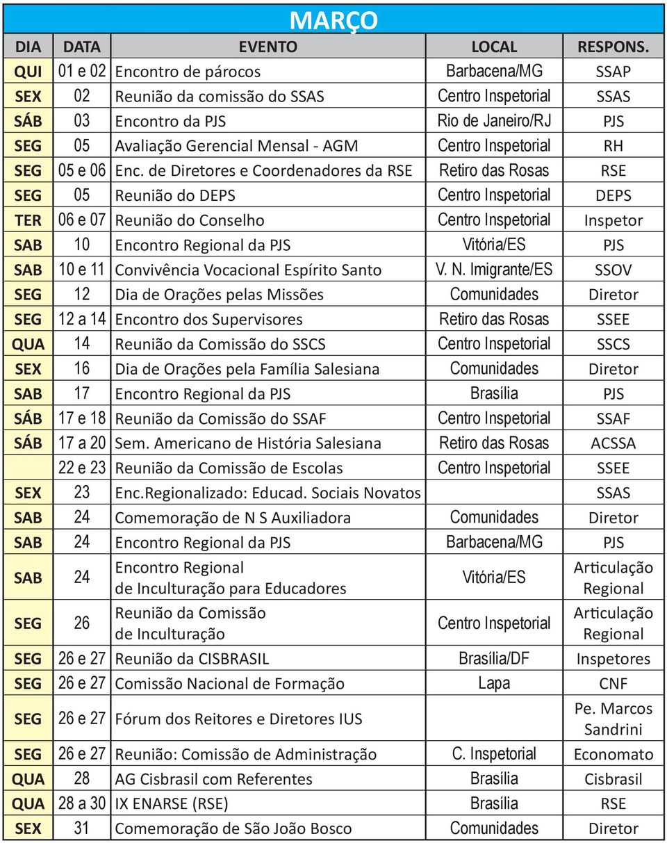 de Diretores e Coordenadores da RSE Retiro das Rosas RSE SEG 05 Reunião do DEPS Centro Inspetorial DEPS TER 06 e 07 Reunião do Conselho Centro Inspetorial Inspetor SAB 10 Encontro da PJS Vitória/ES