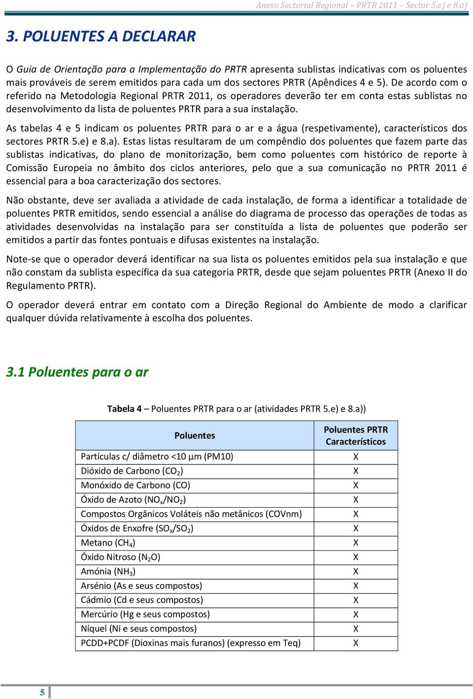 As tabelas 4 e 5 indicam os poluentes PRTR para o ar e a água (respetivamente), característicos dos sectores PRTR 5.e) e 8.a).