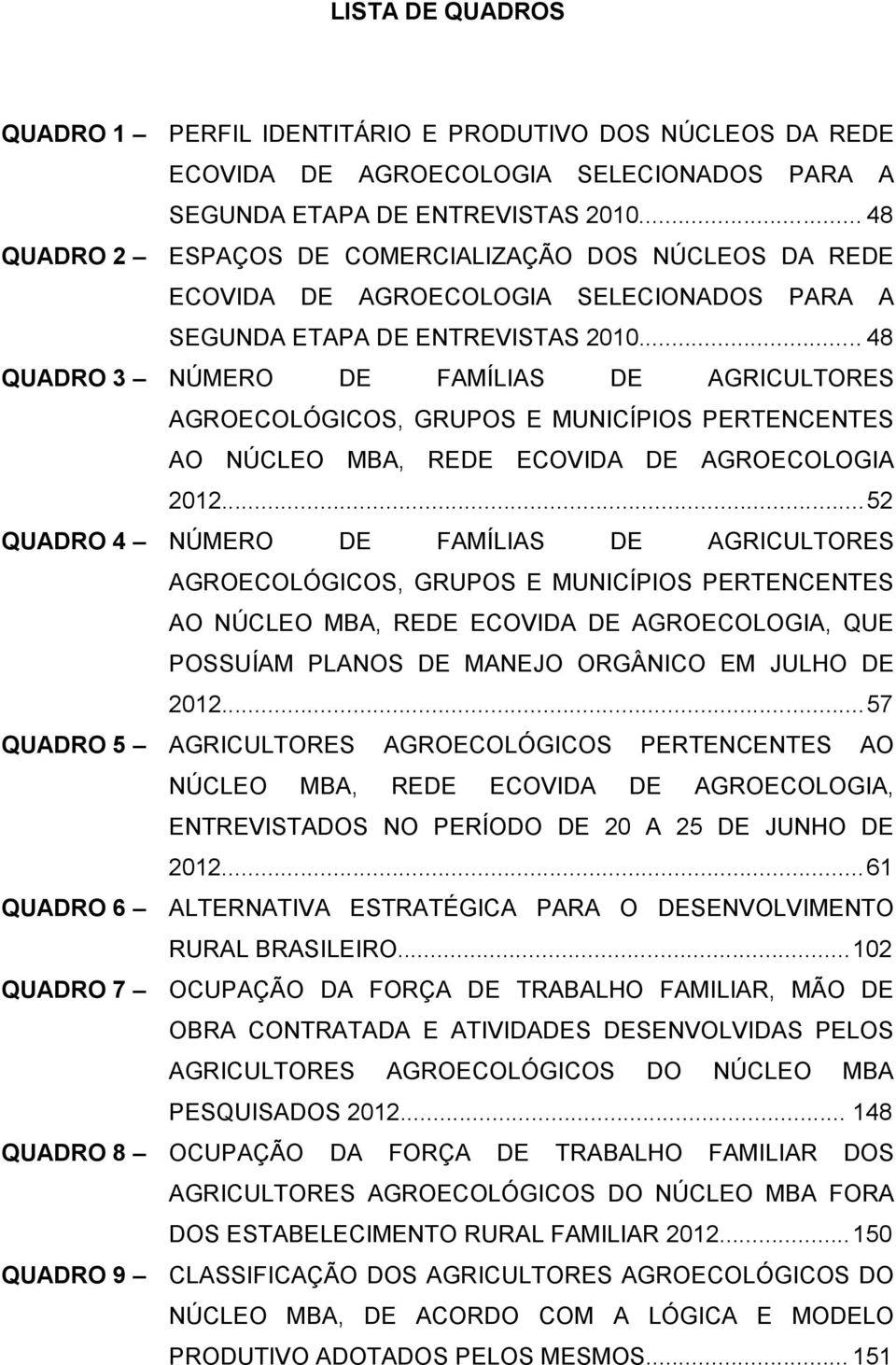 .. 48 QUADRO 3 NÚMERO DE FAMÍLIAS DE AGRICULTORES AGROECOLÓGICOS, GRUPOS E MUNICÍPIOS PERTENCENTES AO NÚCLEO MBA, REDE ECOVIDA DE AGROECOLOGIA 2012.