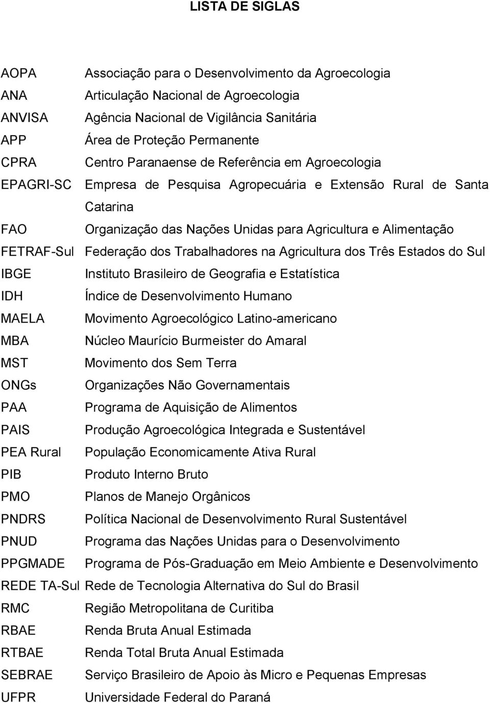 FETRAF-Sul Federação dos Trabalhadores na Agricultura dos Três Estados do Sul IBGE Instituto Brasileiro de Geografia e Estatística IDH Índice de Desenvolvimento Humano MAELA Movimento Agroecológico