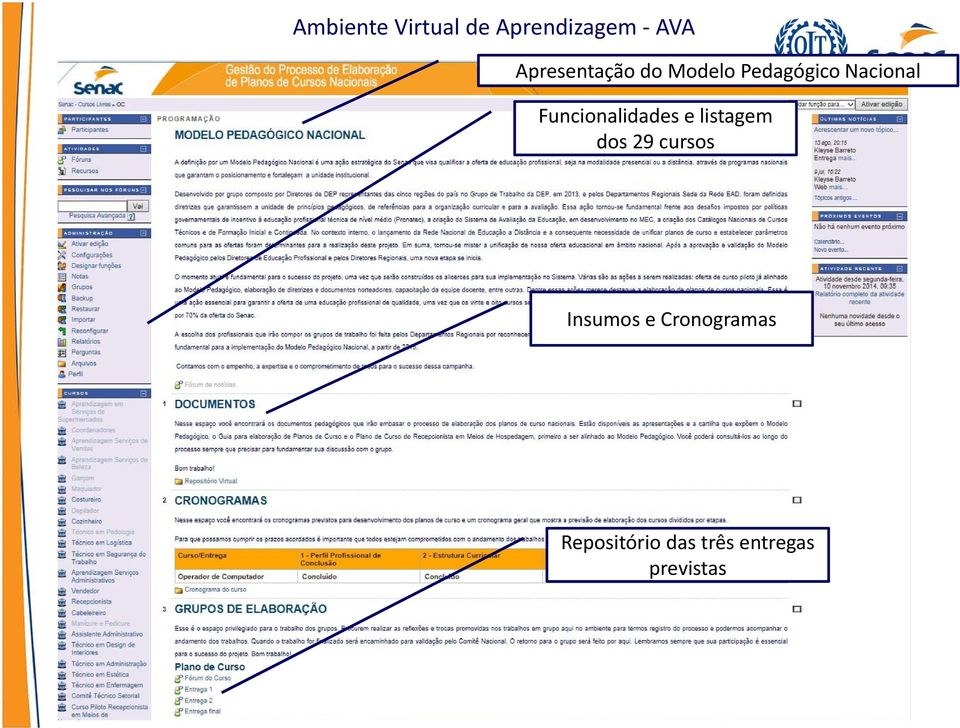 Funcionalidades e listagem dos 29 cursos