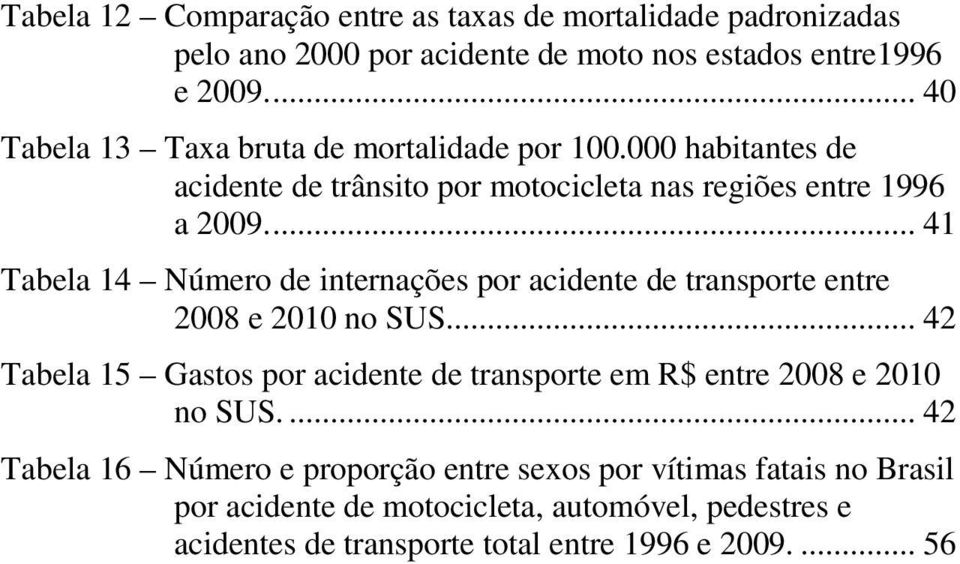 ... 41 Tabela 14 Número de internações por acidente de transporte entre 2008 e 2010 no SUS.