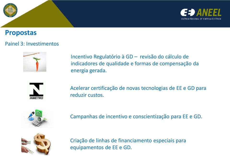 Acelerar certificação de novas tecnologias de EE e GD para reduzir custos.