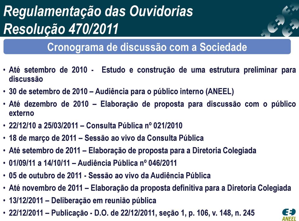 ao vivo da Consulta Pública Até setembro de 2011 Elaboração de proposta para a Diretoria Colegiada 01/09/11 a 14/10/11 Audiência Pública nº 046/2011 05 de outubro de 2011 - Sessão ao vivo da