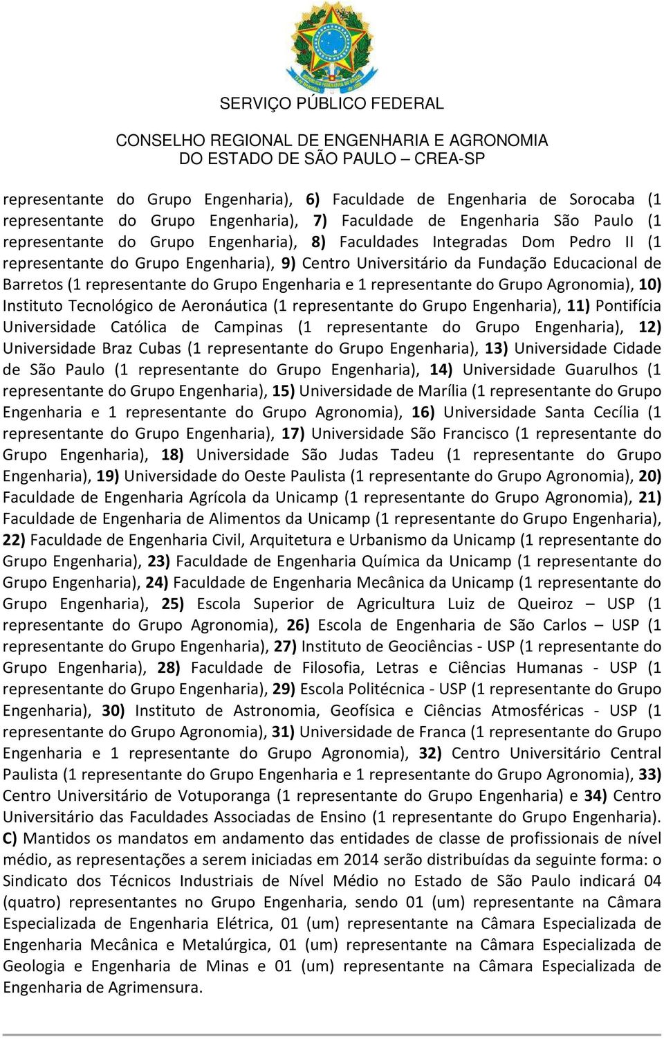 Agronomia), 10) Instituto Tecnológico de Aeronáutica (1 representante do Grupo Engenharia), 11) Pontifícia Universidade Católica de Campinas (1 representante do Grupo Engenharia), 12) Universidade