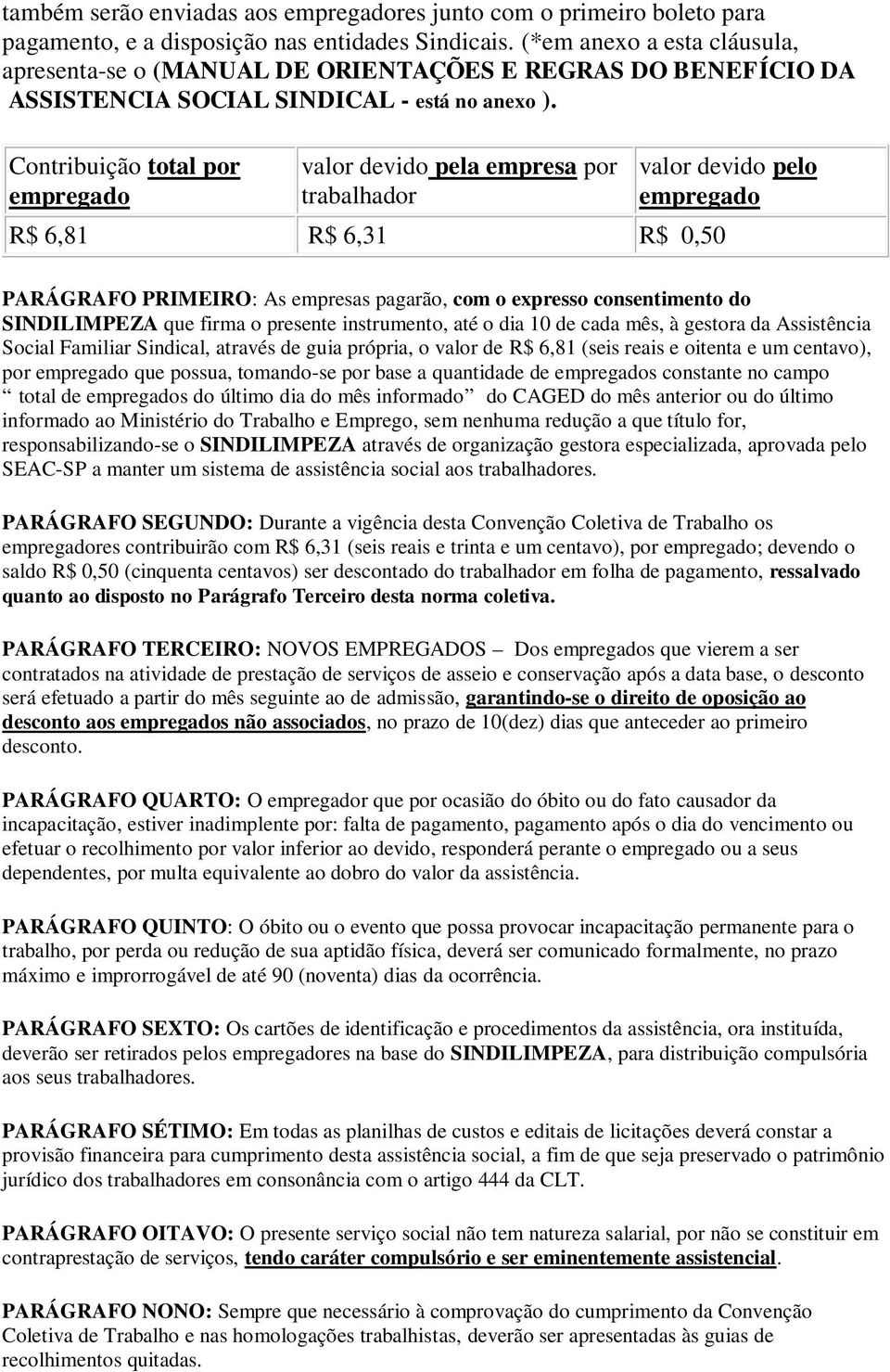 Contribuição total por empregado valor devido pela empresa por trabalhador R$ 6,81 R$ 6,31 R$ 0,50 valor devido pelo empregado PARÁGRAFO PRIMEIRO: As empresas pagarão, com o expresso consentimento do