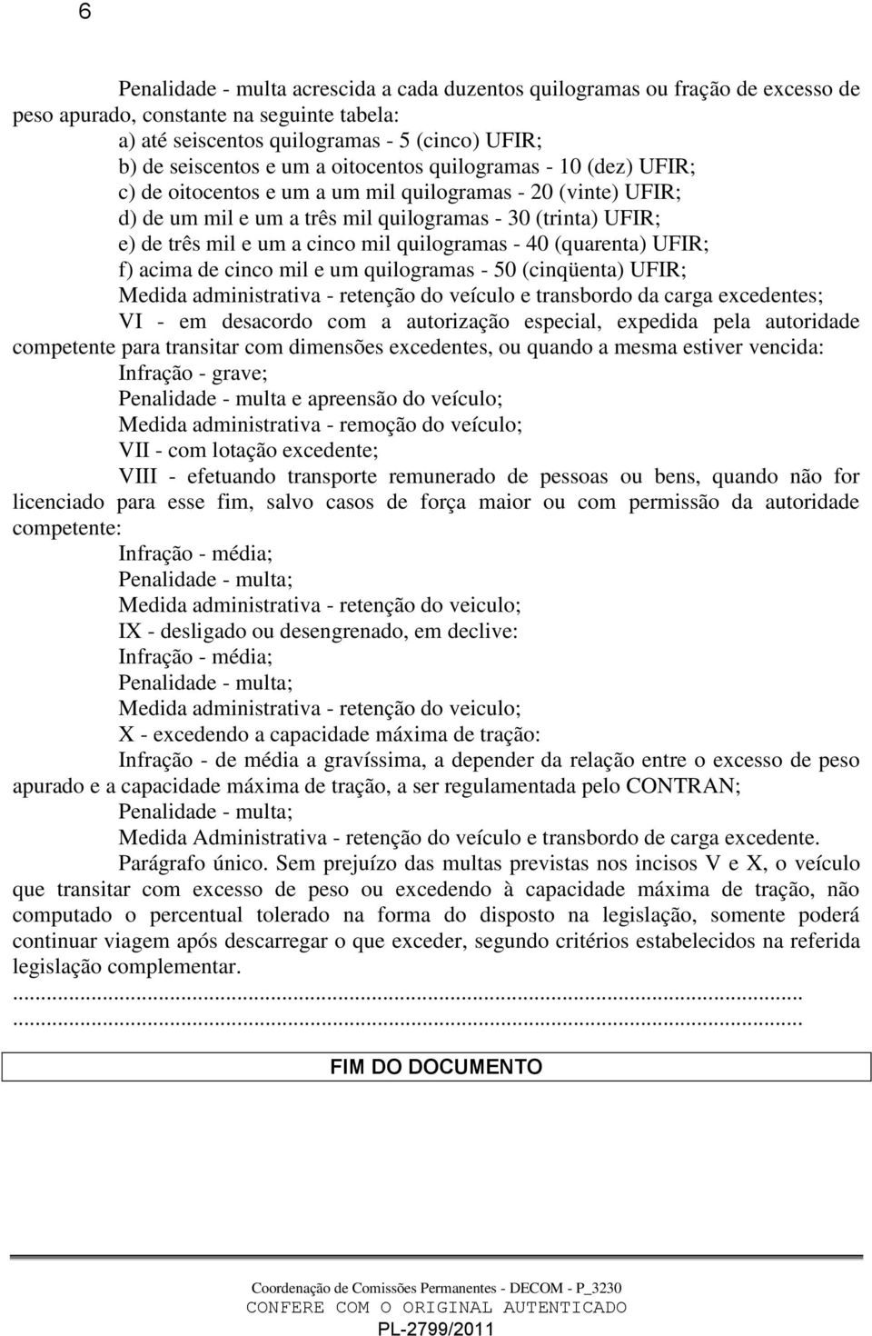 quilogramas - 40 (quarenta) UFIR; f) acima de cinco mil e um quilogramas - 50 (cinqüenta) UFIR; Medida administrativa - retenção do veículo e transbordo da carga excedentes; VI - em desacordo com a