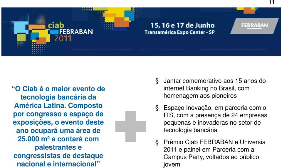 000 m² e contará com palestrantes e congressistas de destaque nacional e internacional Jantar comemorativo aos 15 anos do internet Banking