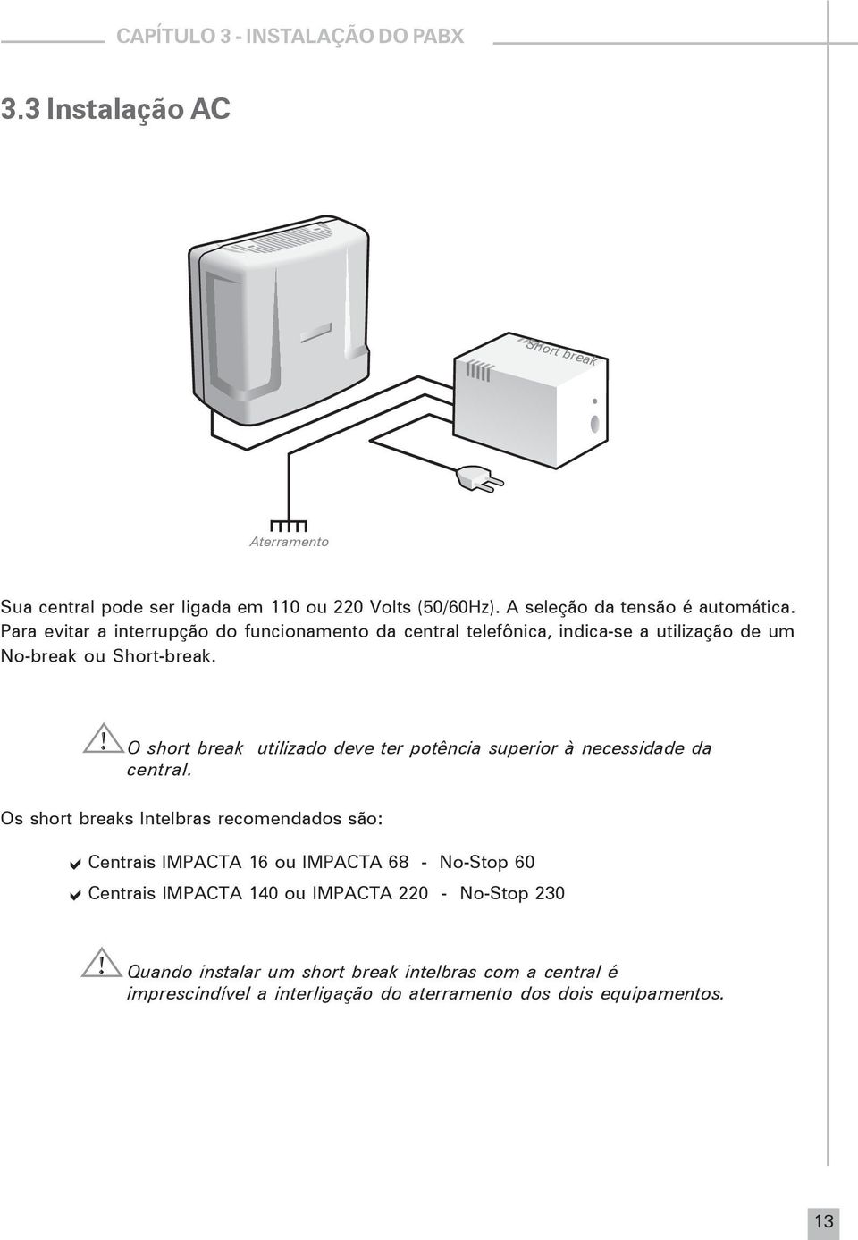 O short break utilizado deve ter potência superior à necessidade da central.