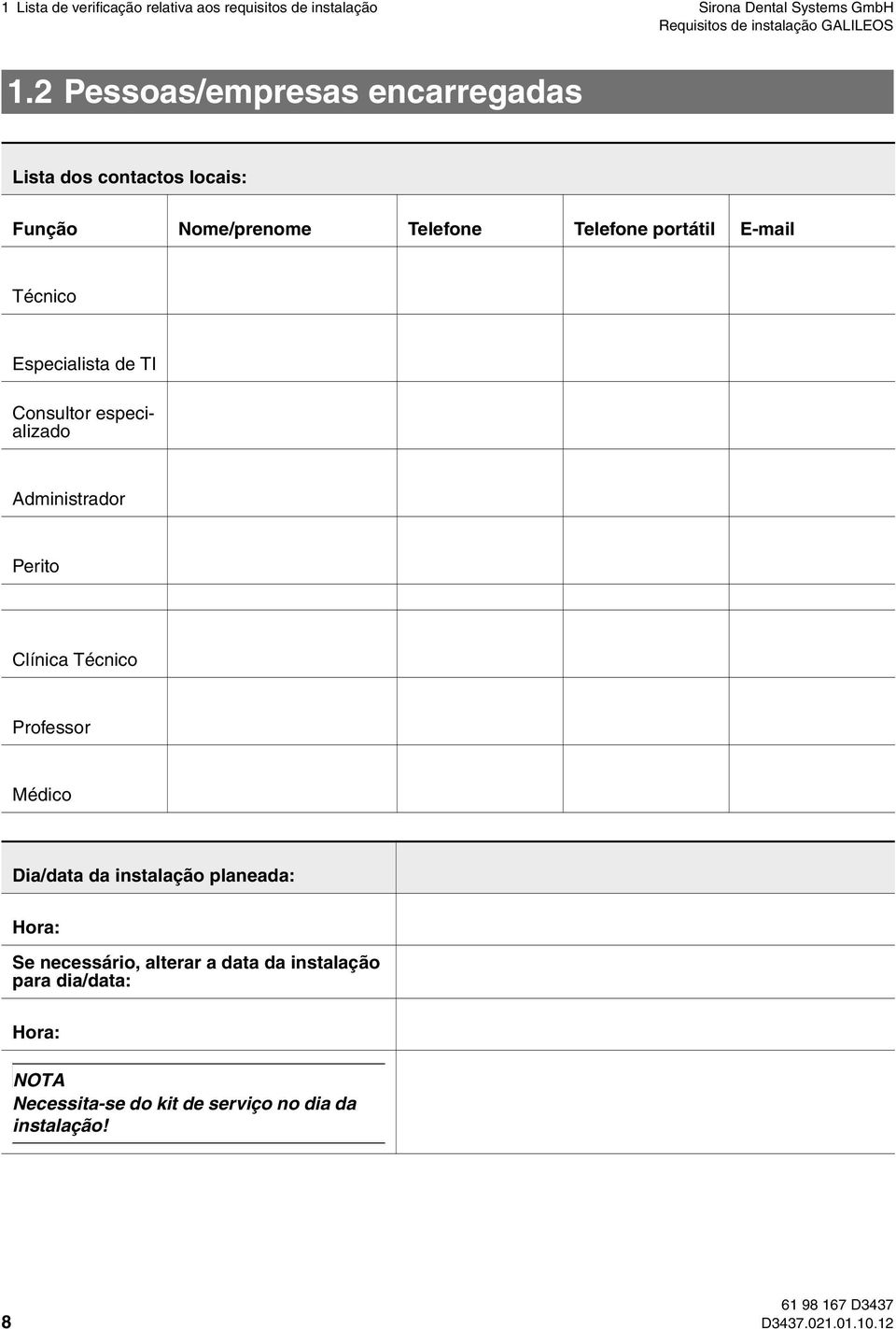 Especialista de TI Consultor especializado Administrador Perito Clínica Técnico Professor Médico Dia/data da instalação