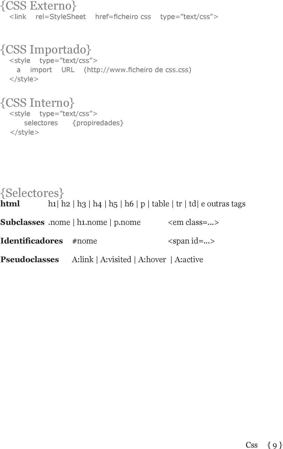 css) {CSS Interno} selectores {propiredades} {Selectores} html h1 h2 h3 h4 h5 h6 p table tr