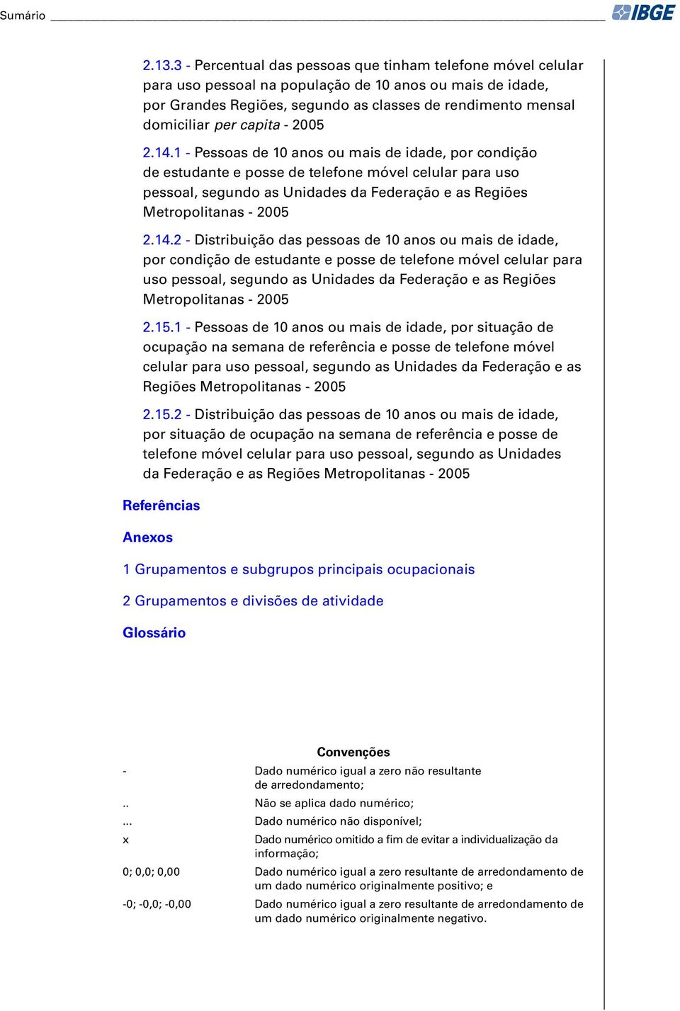 1 - Pessoas de 10 anos ou mais de idade, por condição de estudante e posse de telefone móvel celular para uso pessoal, segundo as Unidades da Federação e as Regiões Metropolitanas - 2005 2.14.