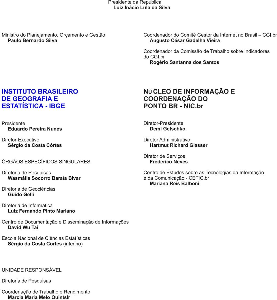 br Rogério Santanna dos Santos INSTITUTO BRASILEIRO DE GEOGRAFIA E ESTATÍSTICA - IBGE NÚ CLEO DE INFORMAÇÃO E COORDENAÇÃO DO PONTO BR - NIC.