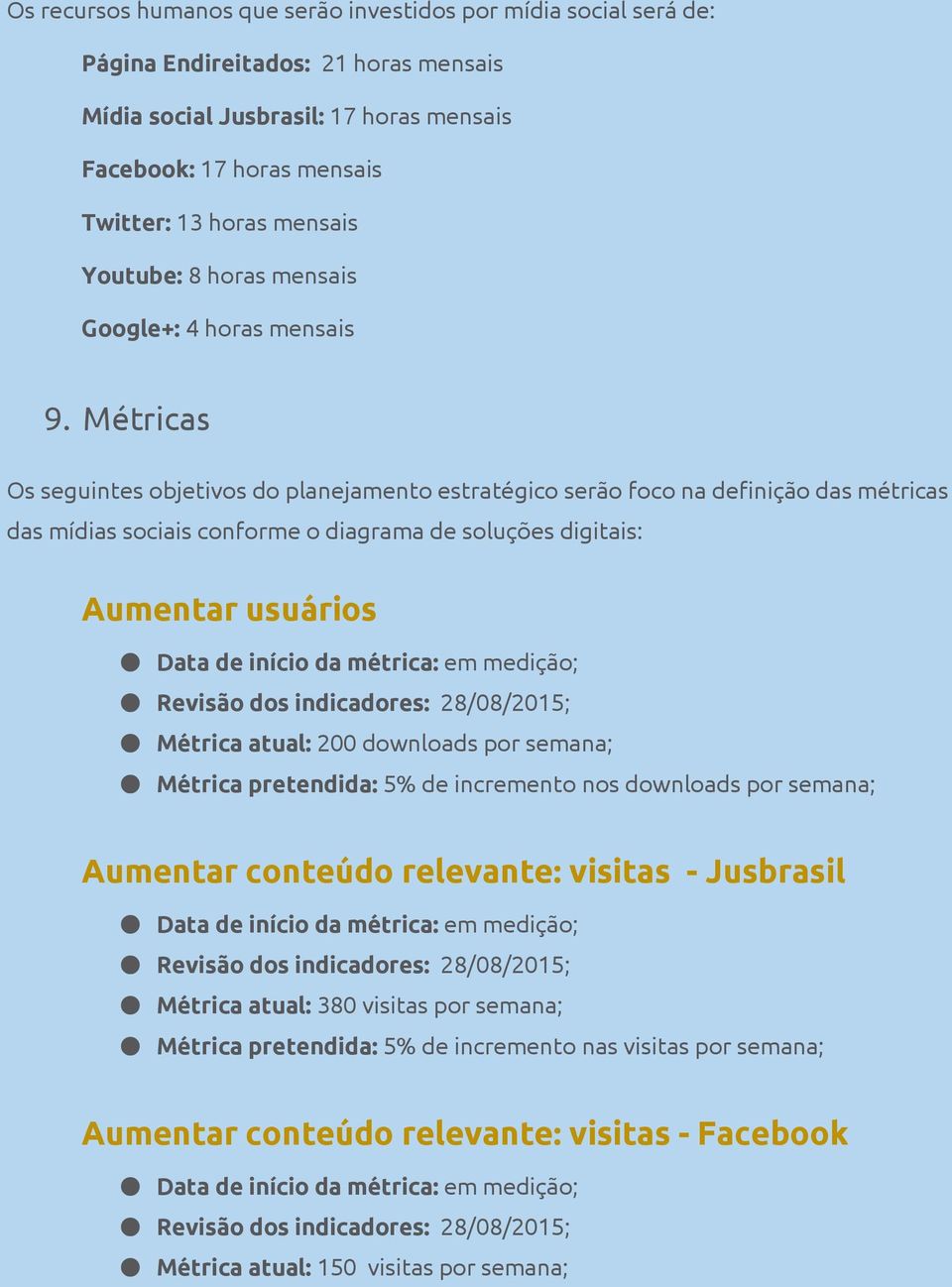 Métricas Os seguintes objetivos do planejamento estratégico serão foco na definição das métricas das mídias sociais conforme o diagrama de soluções digitais: Aumentar usuários Data de início da