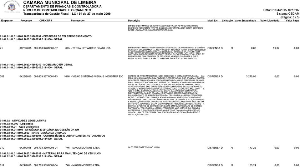 328/0001-67 695 - TERRA NETWORKS BRASIL S/A EMPENHO ESTIMATIVO PARA DESPESAS COM PLANO DE HOSPEDAGEM E DOMÍNIO DISPENSA D DE PÁGINA GOVERNAMENTAL NO PROVEDOR INTERNET TERRA, COMPREENDENDO /0 0,00