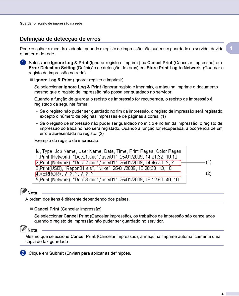 registo de impressão na rede).