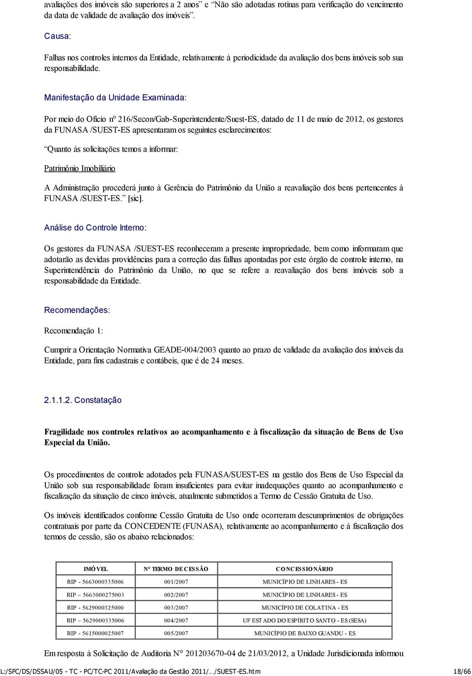 Manifestação da Unidade Examinada: Por meio do Ofício n 216/Secon/Gab-Superintendente/Suest-ES, datado de 11 de maio de 2012, os gestores da FUNASA /SUEST-ES apresentaram os seguintes