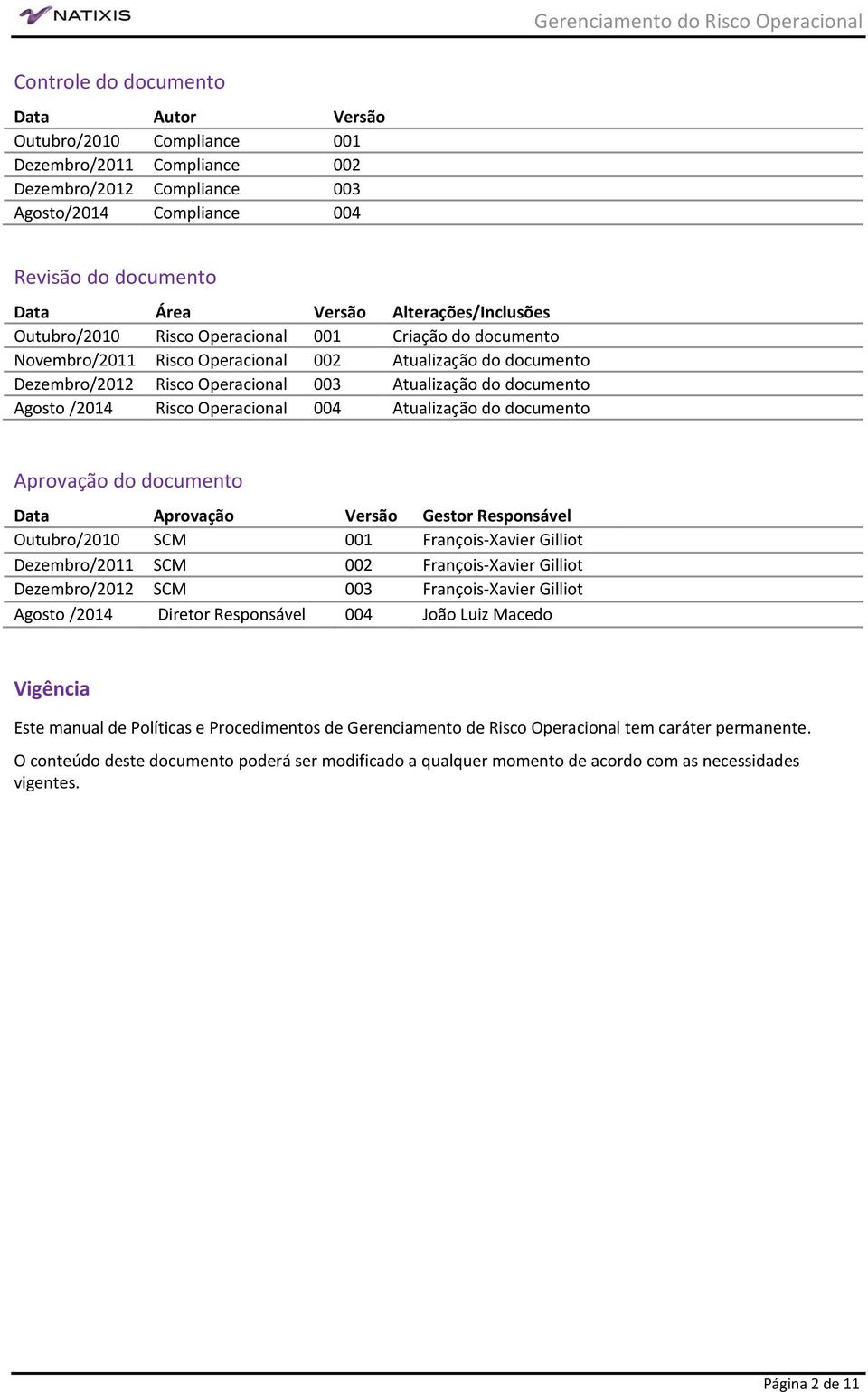 Agosto /2014 Risco Operacional 004 Atualização do documento Aprovação do documento Data Aprovação Versão Gestor Responsável Outubro/2010 SCM 001 François-Xavier Gilliot Dezembro/2011 SCM 002