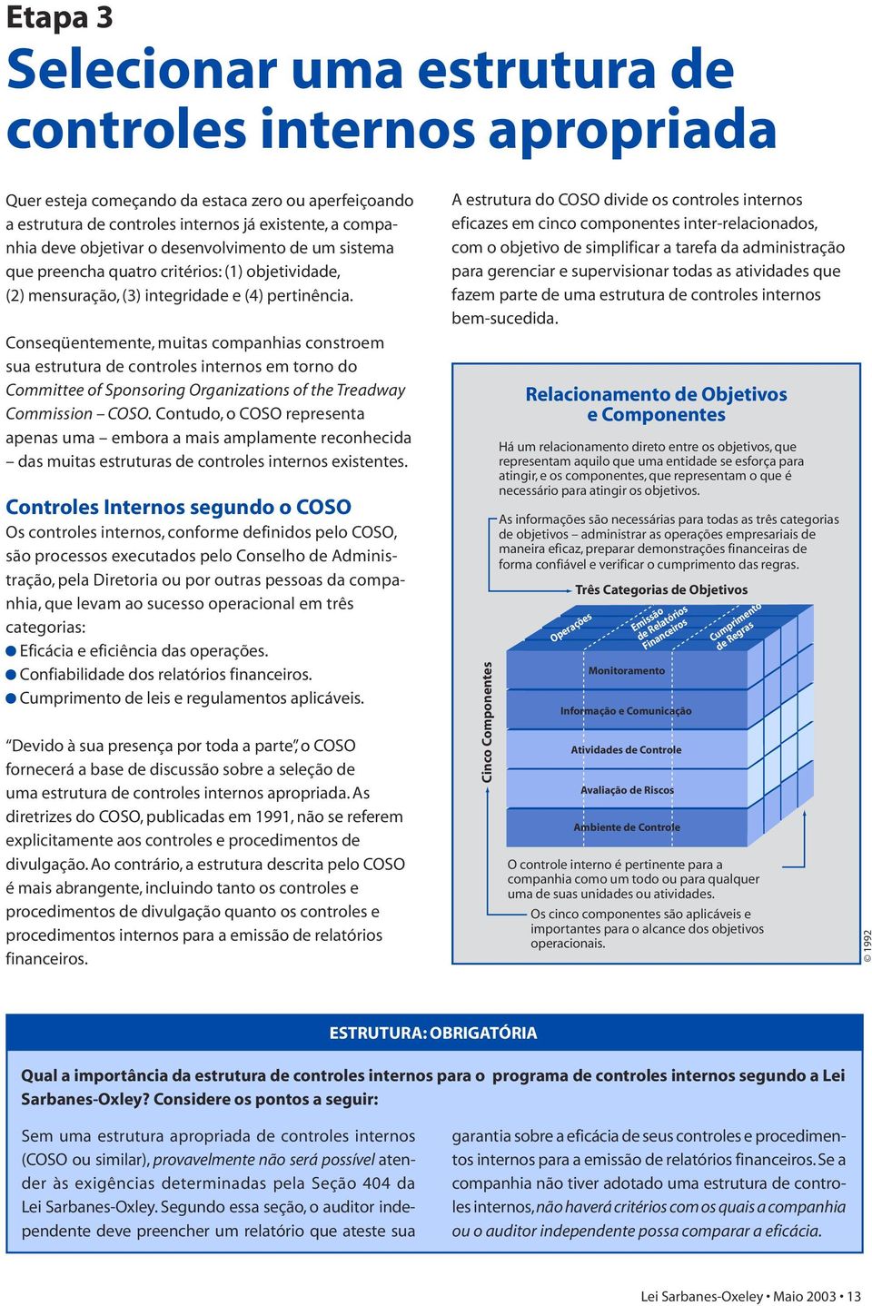 Conseqüentemente, muitas companhias constroem sua estrutura de controles internos em torno do Committee of Sponsoring Organizations of the Treadway Commission COSO.